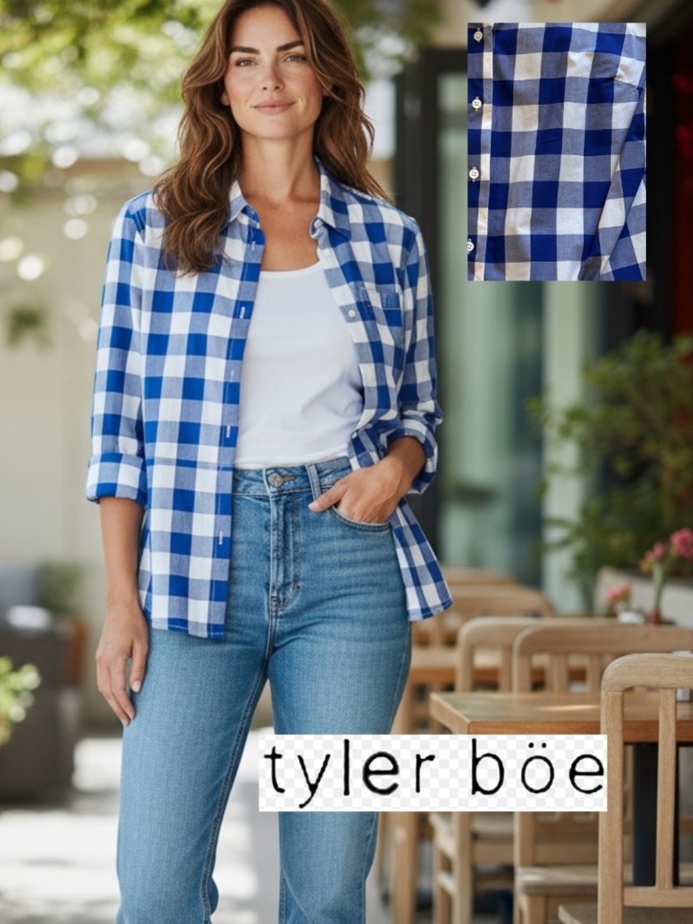 Tyler Boe Blue white gingham check shirt, 6, CB2674